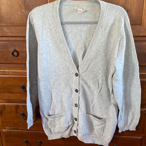 Women’s large gray ribbed cotton button up cardigan sweater - Picture 1 of 3